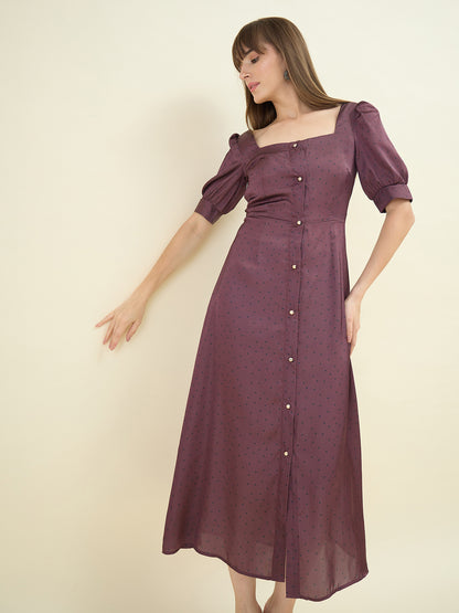 Polka Satin Puff Sleeve Midi Dress