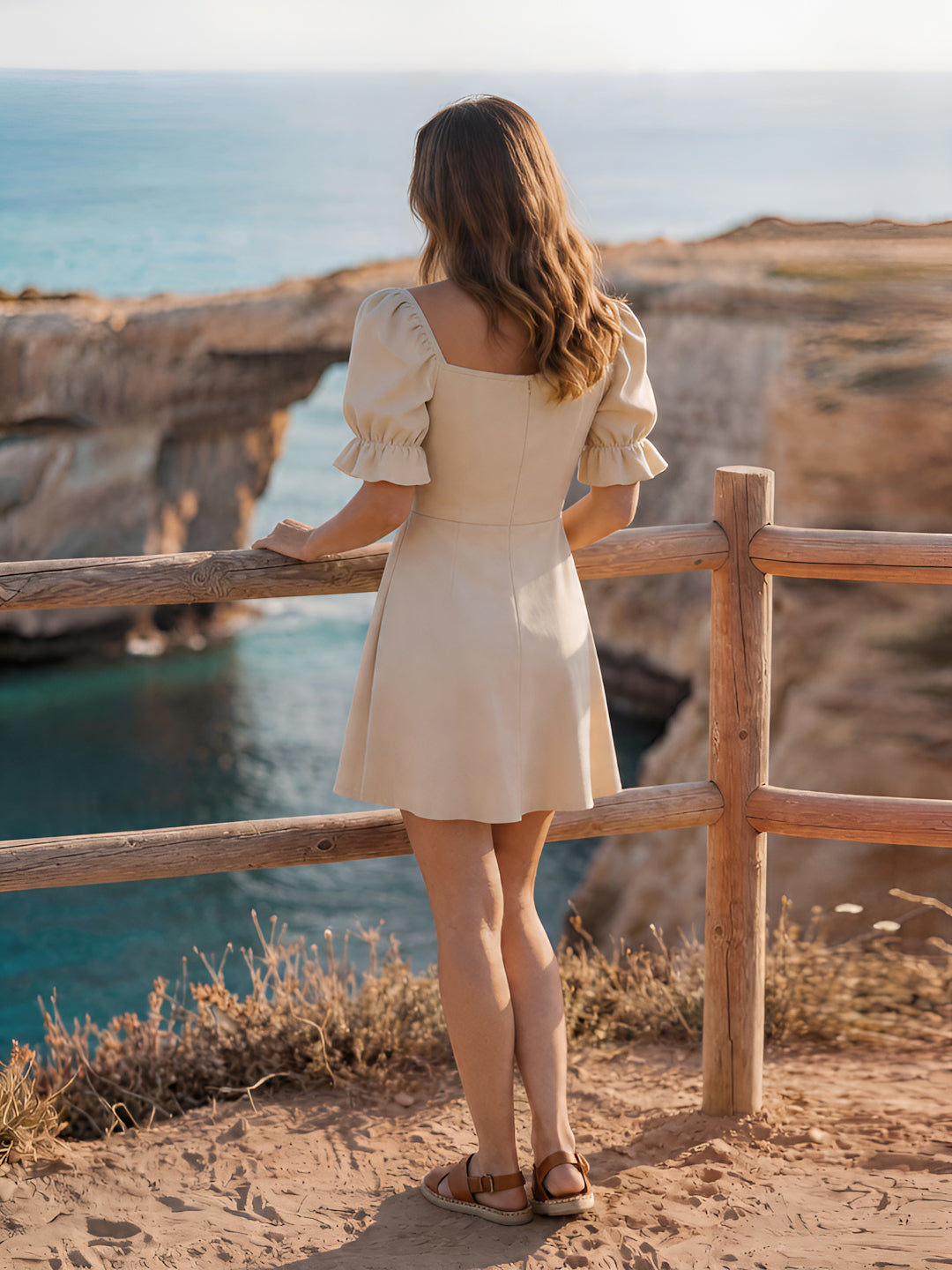 Woman in a beige dress standing on a cliff overlooking the ocean.