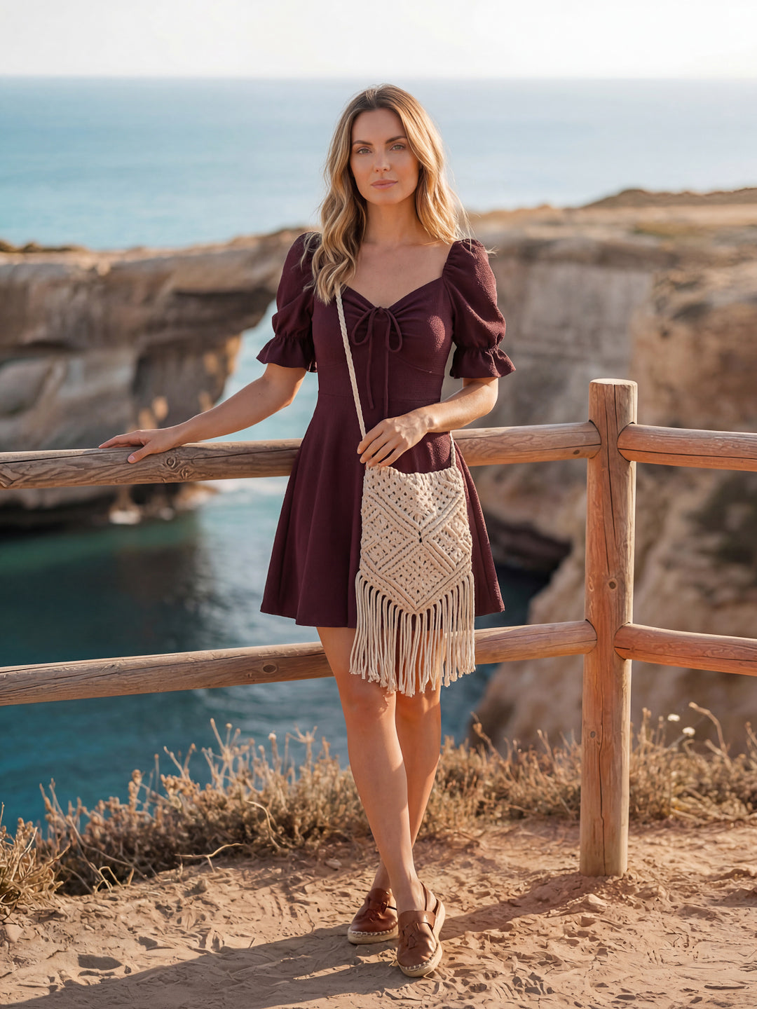 Woman in a wine color dress with a beige bag standing on a cliff overlooking the ocean.