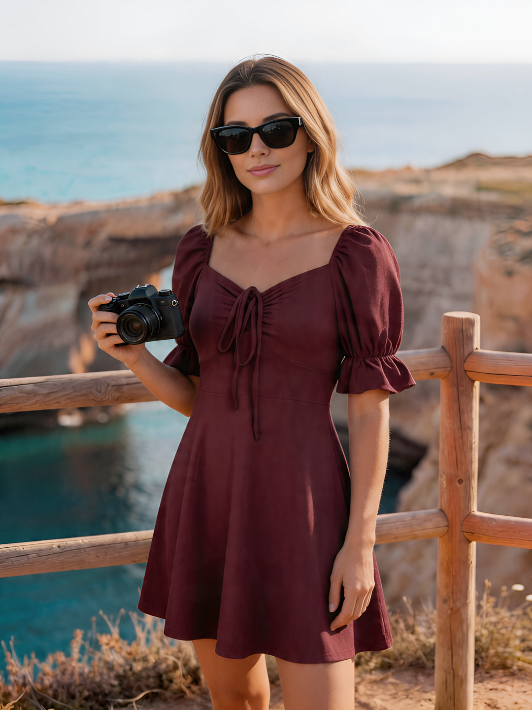 Woman in a burgundy dress holding a camera with a scenic background