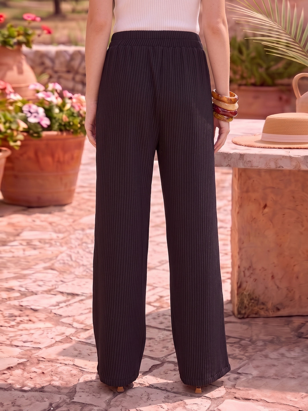 Drawstring Ribbed Knit Palazzo Pants