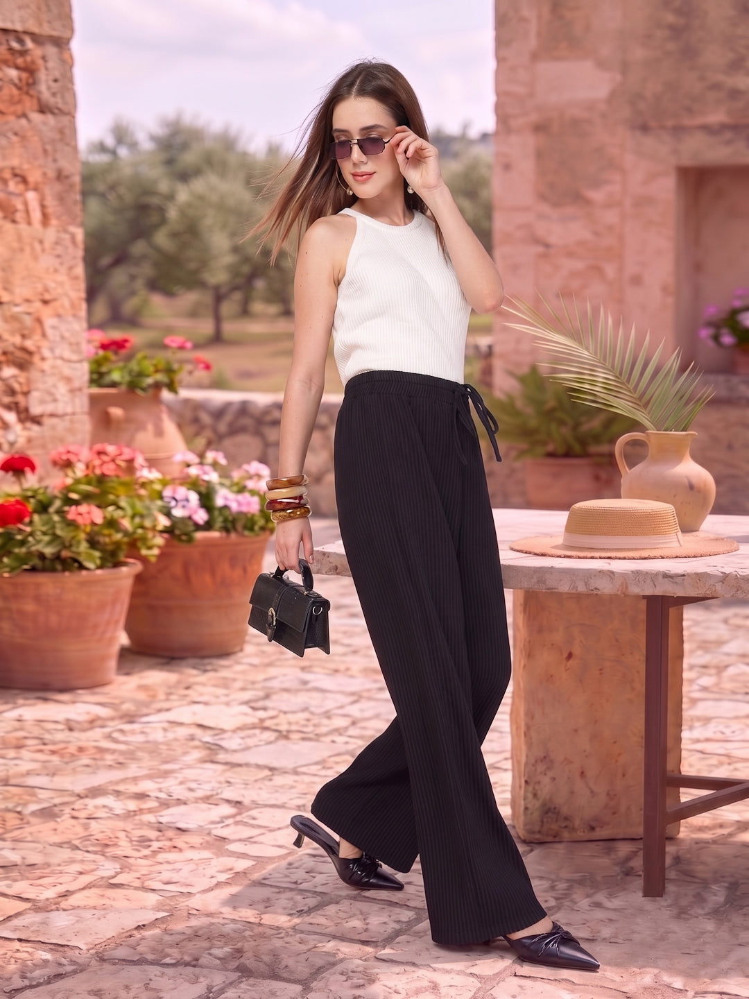 Drawstring Ribbed Knit Palazzo Pants