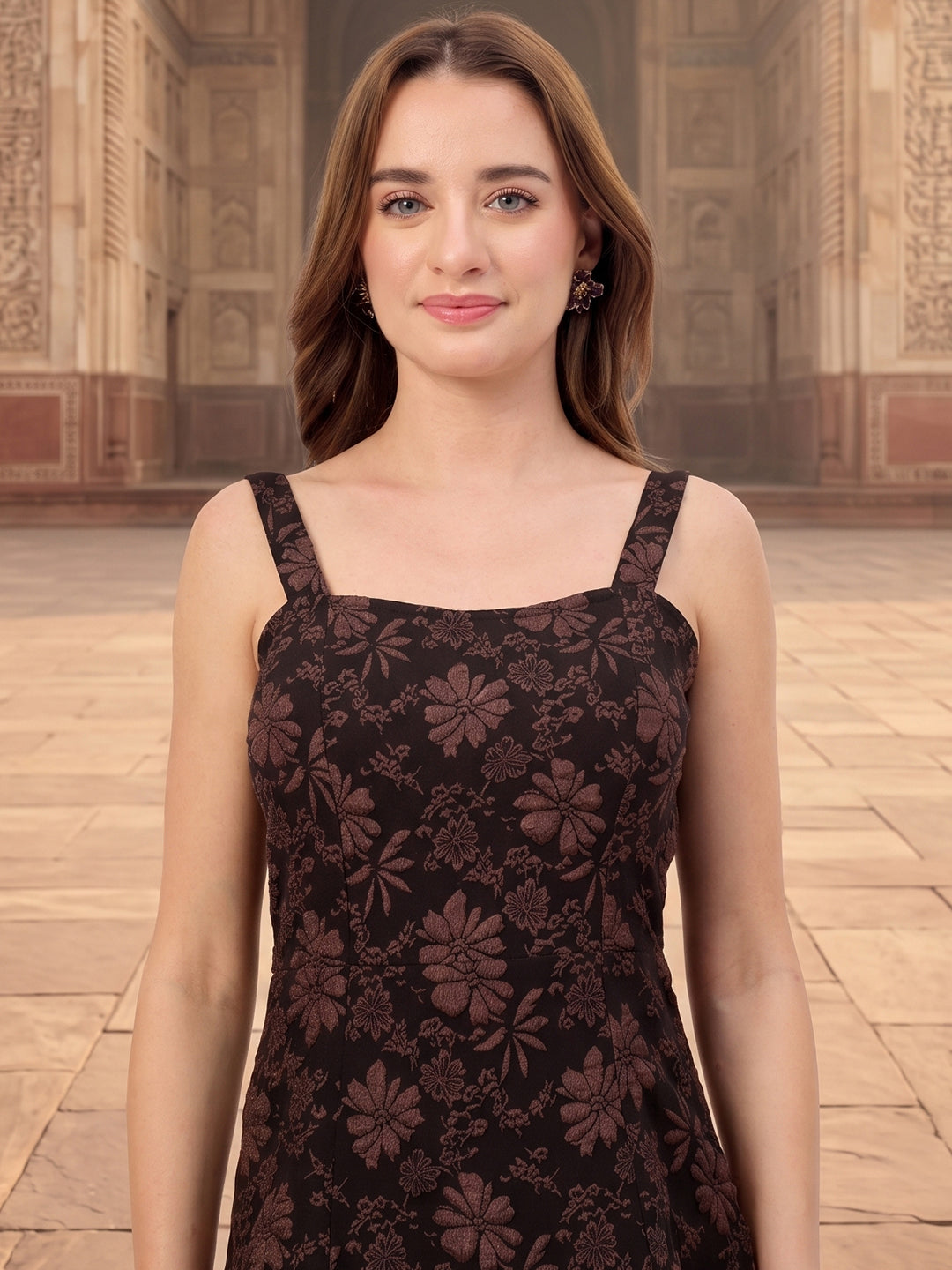 Floral Jacquard Lycra Blend A-Line Western Wear
