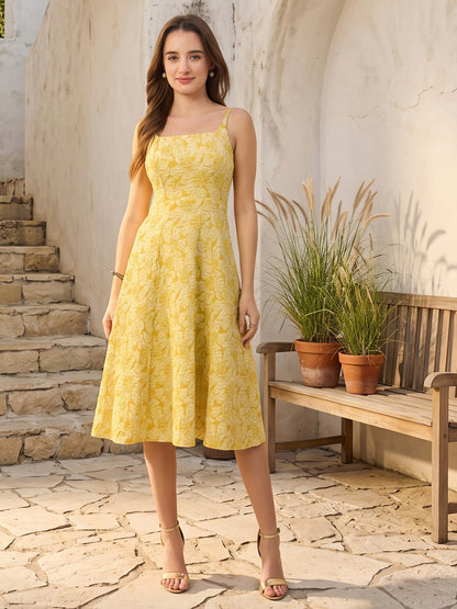 Textured Jacquard Strappy Fit and Flare Midi Dress