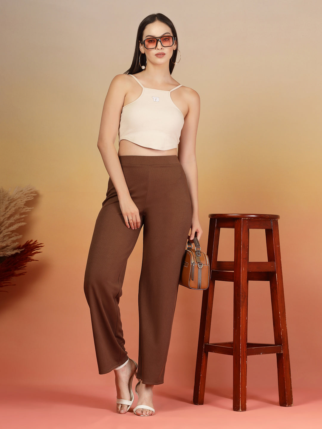 Aayu Ribbed High-Waist Flared Trouser