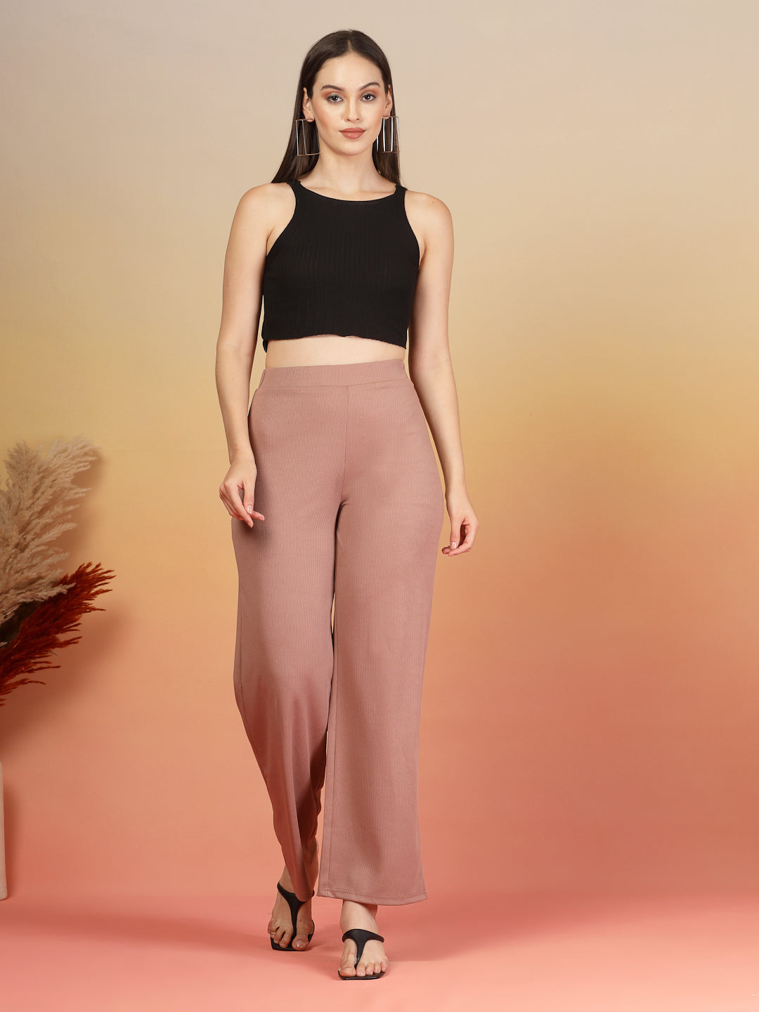 Aayu Ribbed High-Waist Flared Trouser