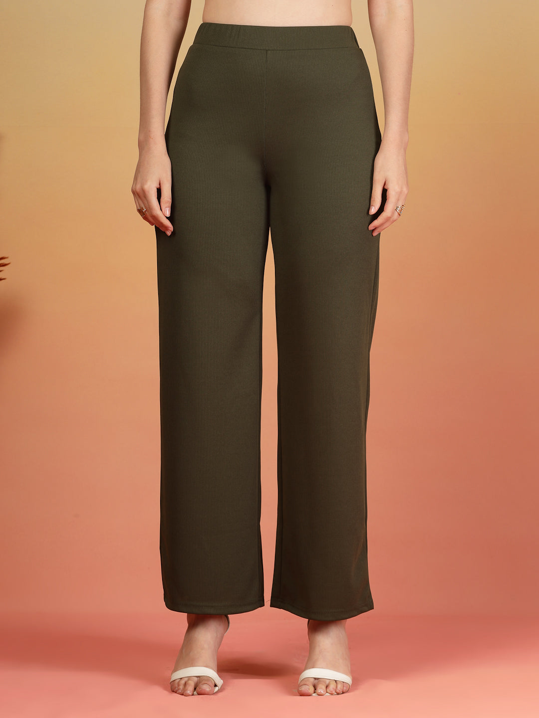 Aayu Ribbed High-Waist Flared Trouser