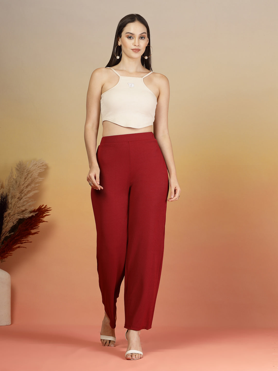 Aayu Ribbed High-Waist Flared Trouser