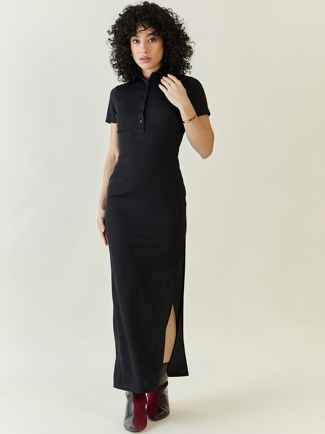 Rib Collared Neck Side Slit Bodycon Dress