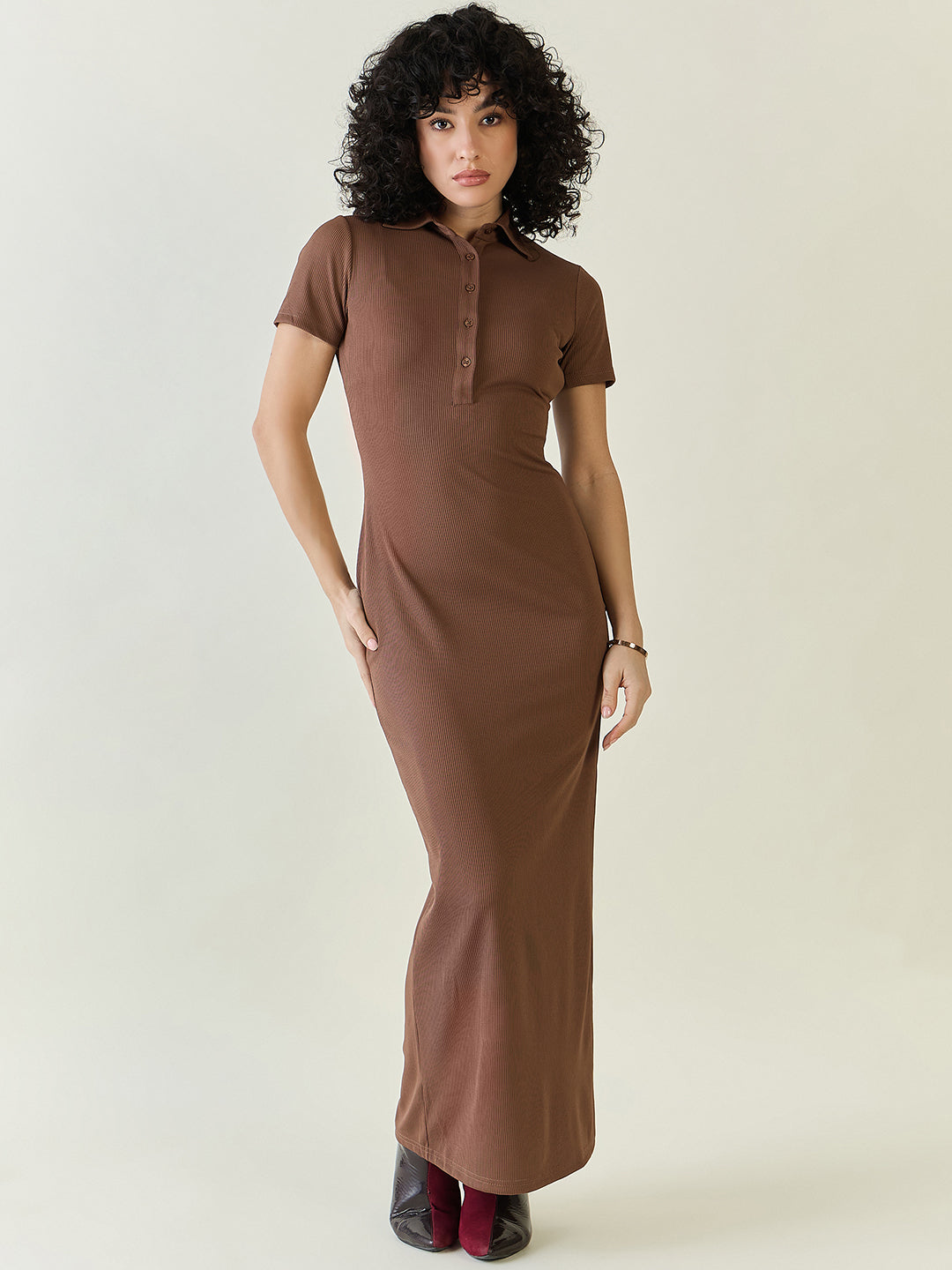 Rib Collared Neck Side Slit Bodycon Dress