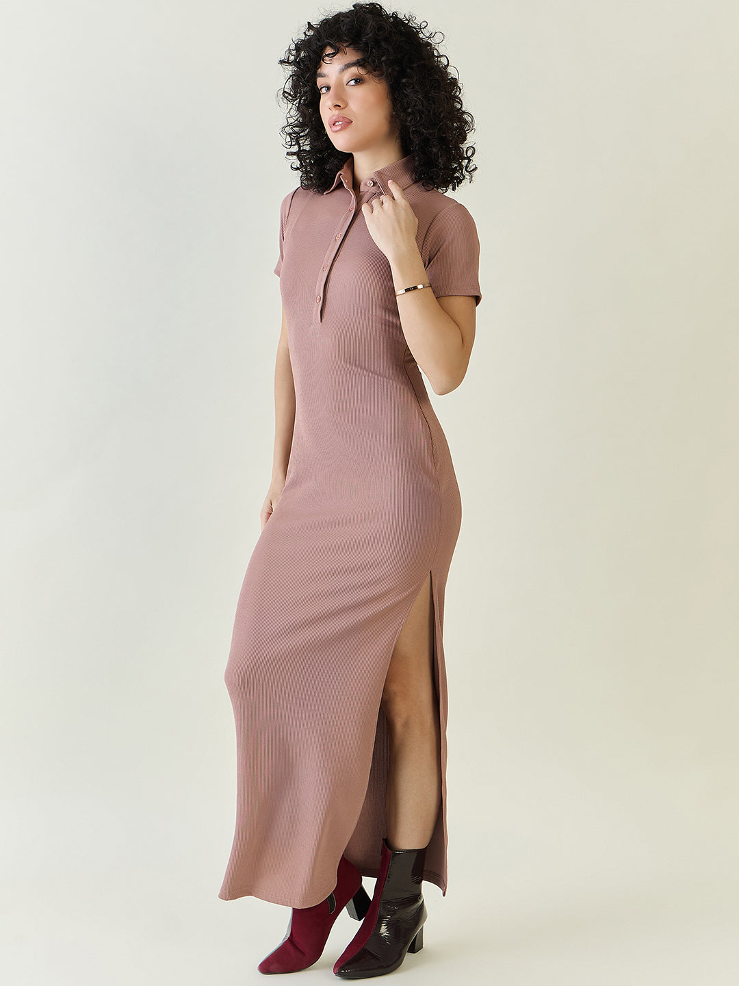 Rib Collared Neck Side Slit Bodycon Dress