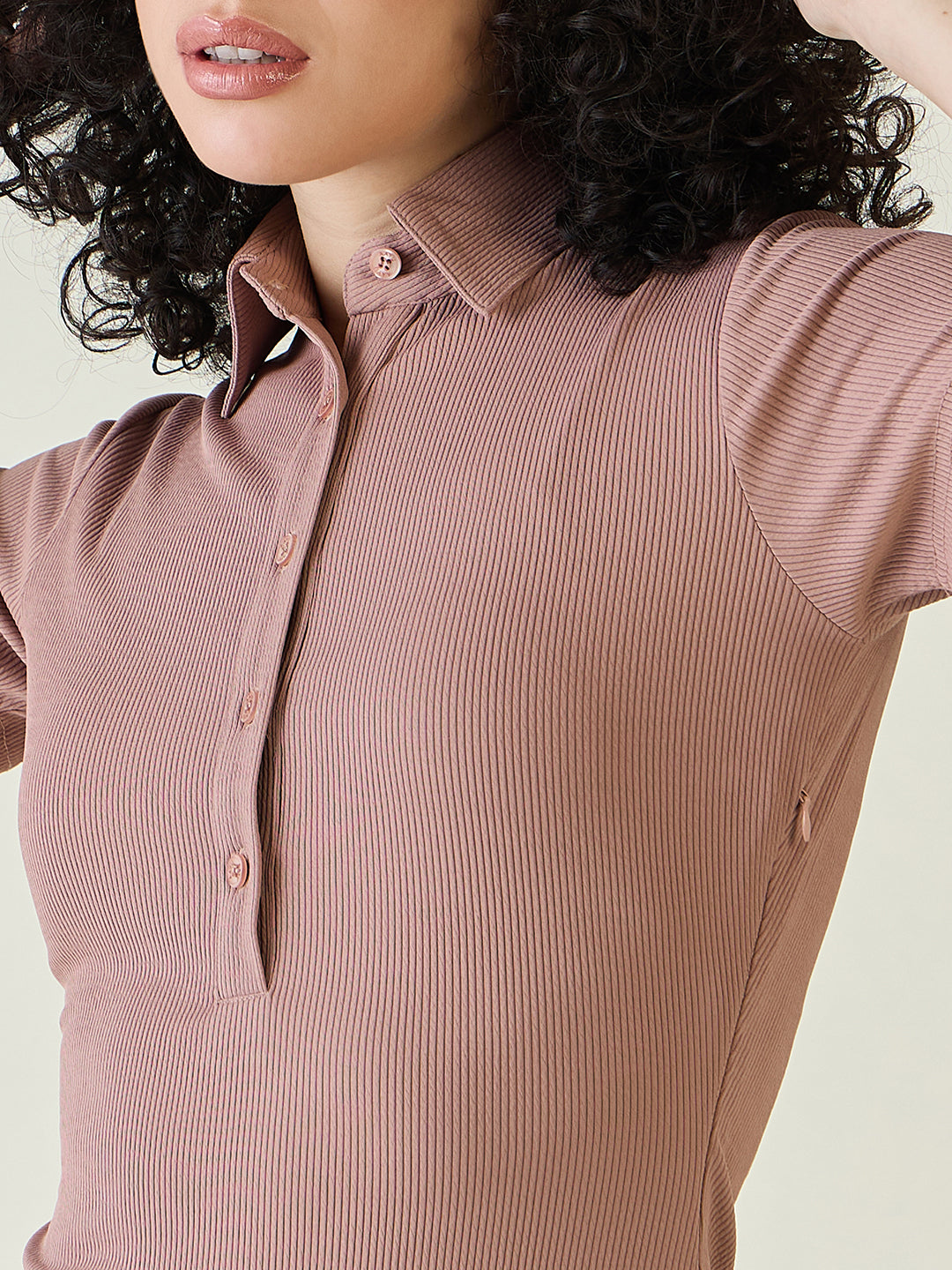 Rib Collared Neck Side Slit Bodycon Dress