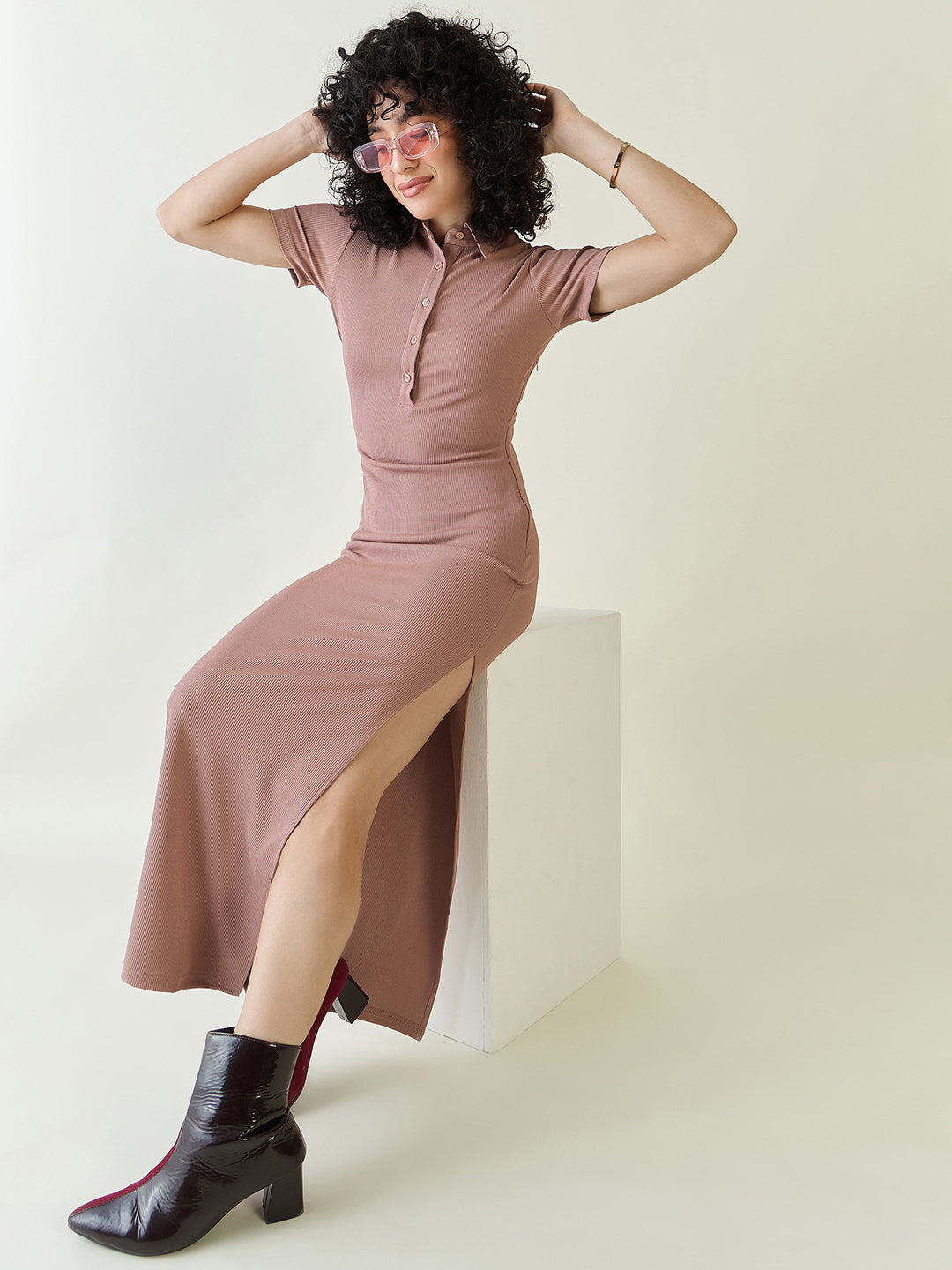 Rib Collared Neck Side Slit Bodycon Dress