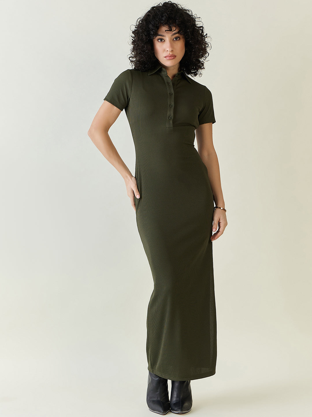 Rib Collared Neck Side Slit Bodycon Dress