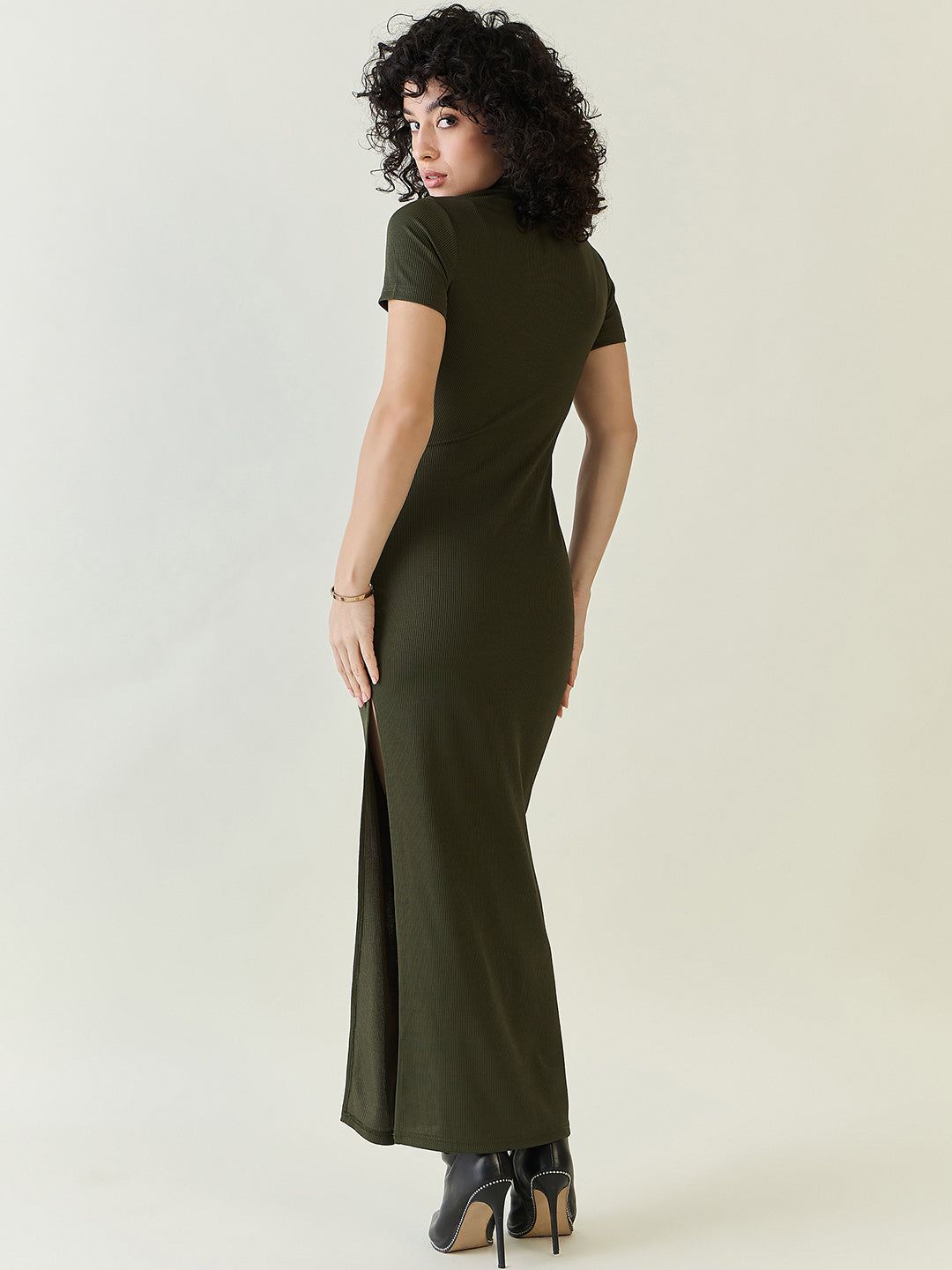 Rib Collared Neck Side Slit Bodycon Dress