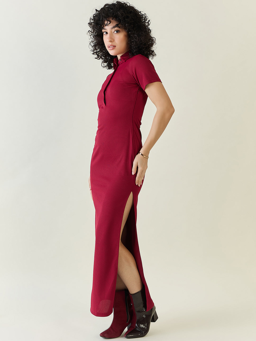 Rib Collared Neck Side Slit Bodycon Dress