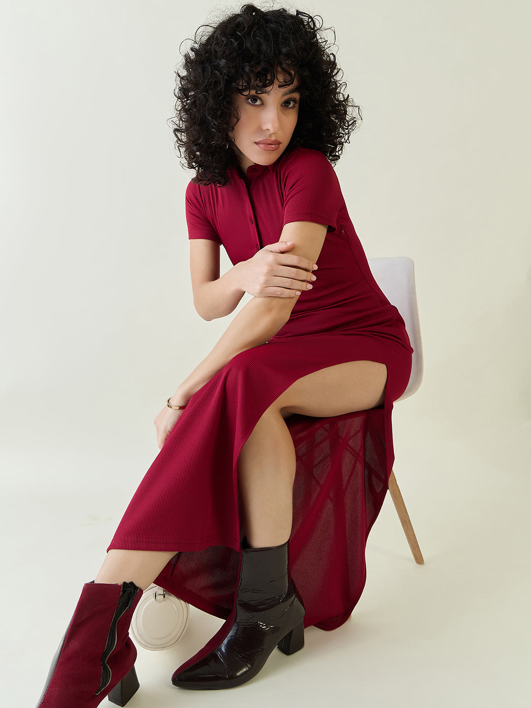 Rib Collared Neck Side Slit Bodycon Dress