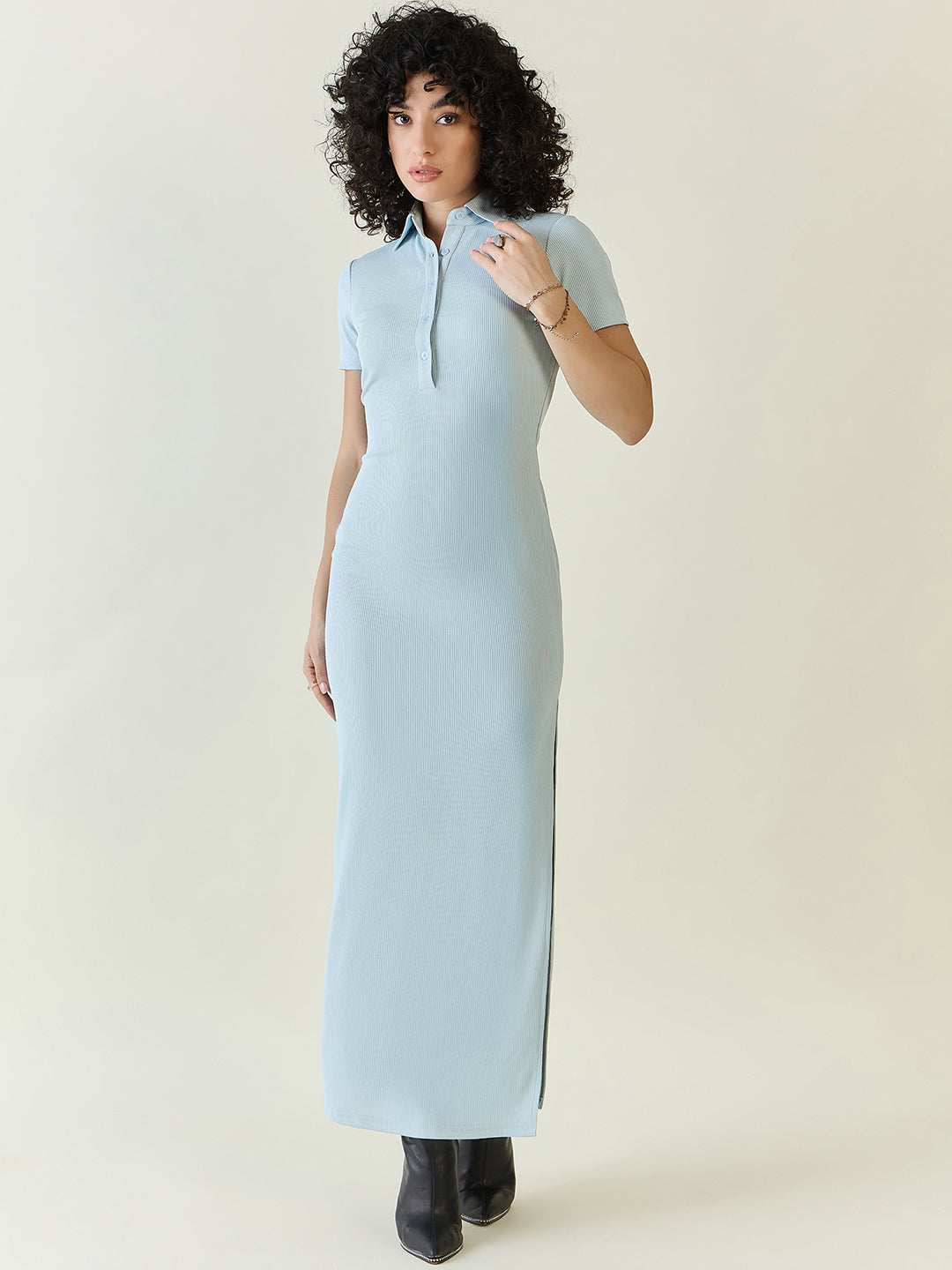 Rib Collared Neck Side Slit Bodycon Dress