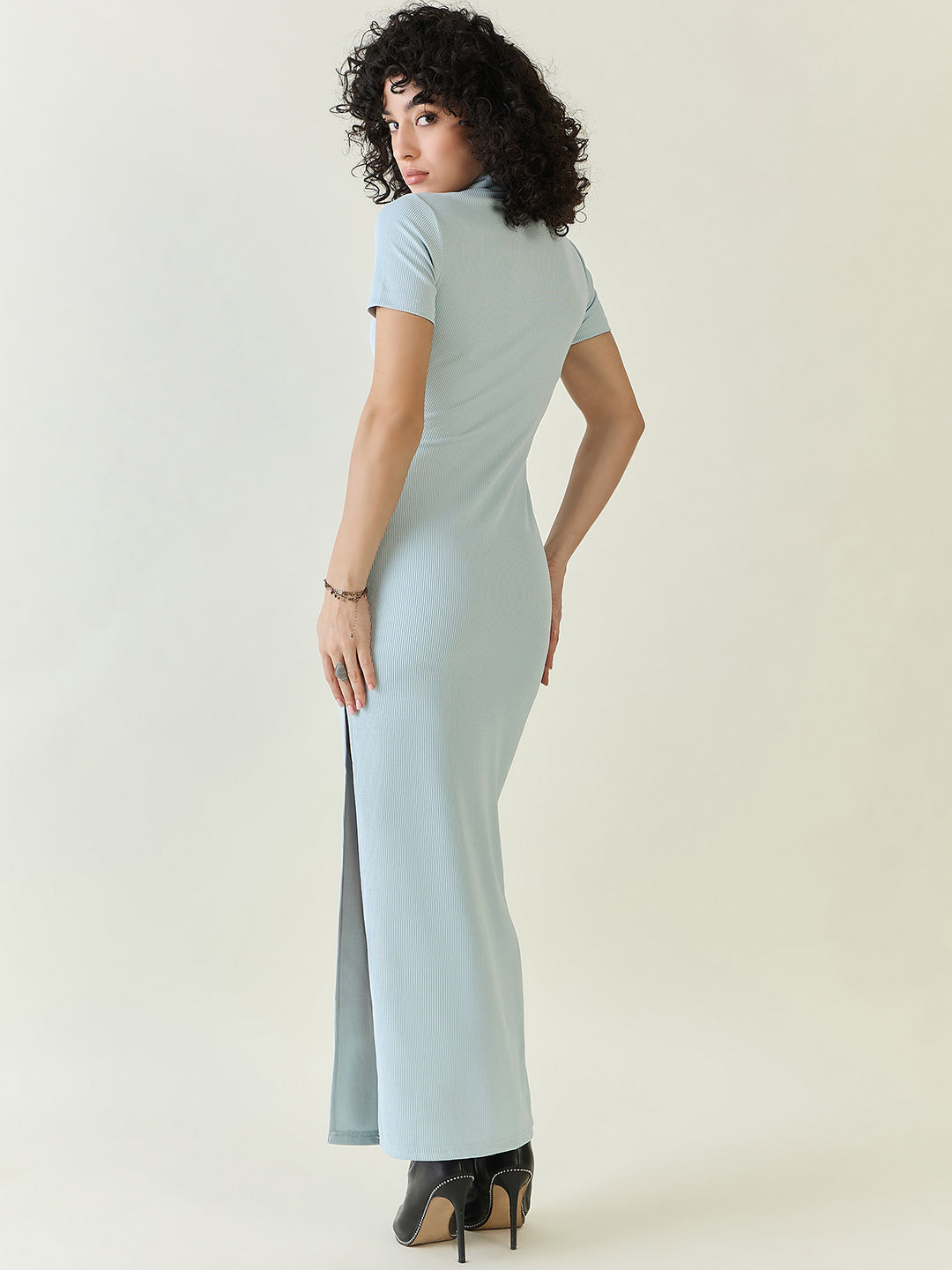 Rib Collared Neck Side Slit Bodycon Dress