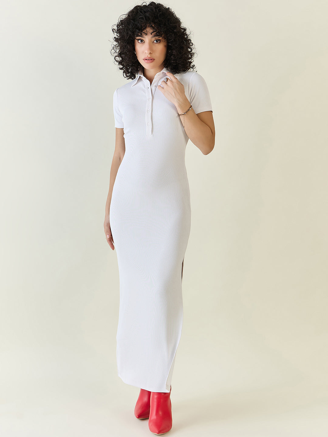 Rib Collared Neck Side Slit Bodycon Dress