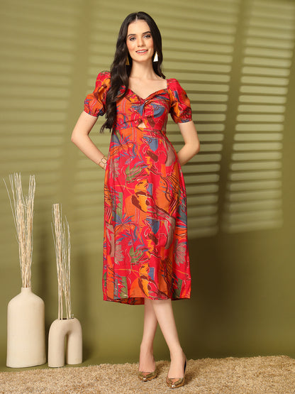Abstract Print Puff Sleeve Cut-Out Midi Dress