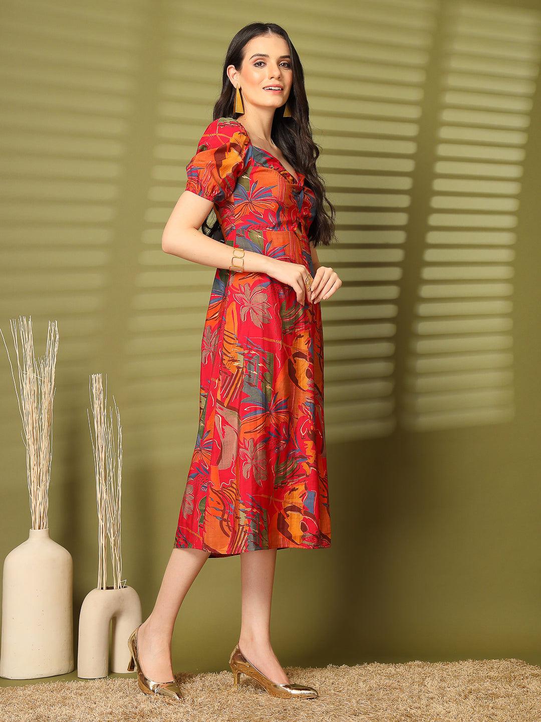 Abstract Print Puff Sleeve Cut-Out Midi Dress