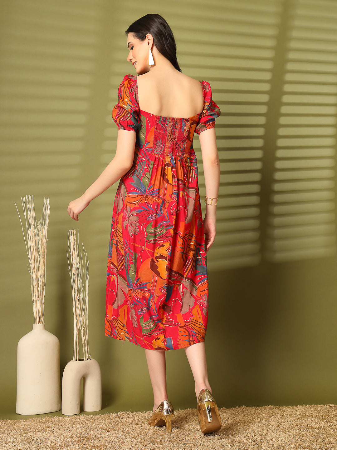 Abstract Print Puff Sleeve Cut-Out Midi Dress