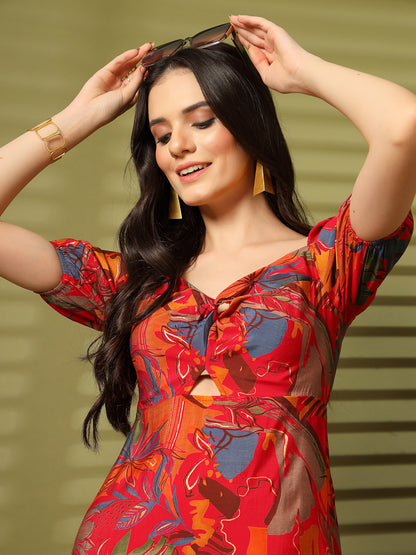 Abstract Print Puff Sleeve Cut-Out Midi Dress
