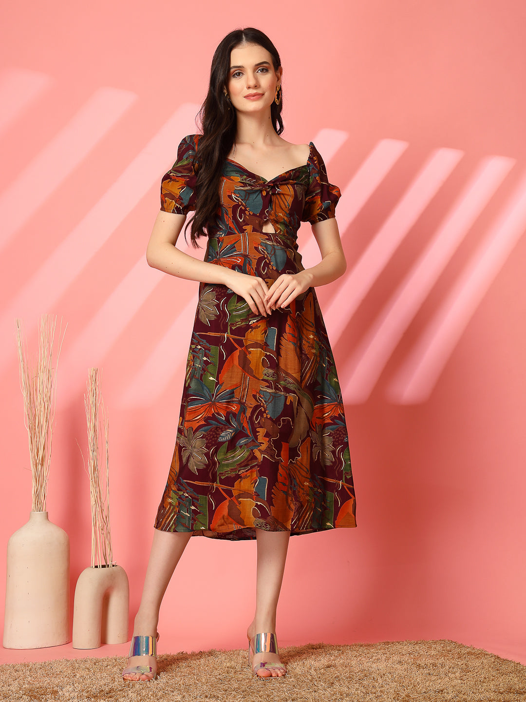 Abstract Print Puff Sleeve Cut-Out Midi Dress