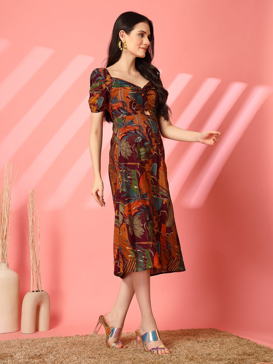 Abstract Print Puff Sleeve Cut-Out Midi Dress