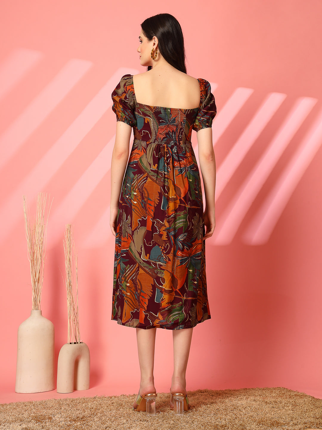 Abstract Print Puff Sleeve Cut-Out Midi Dress