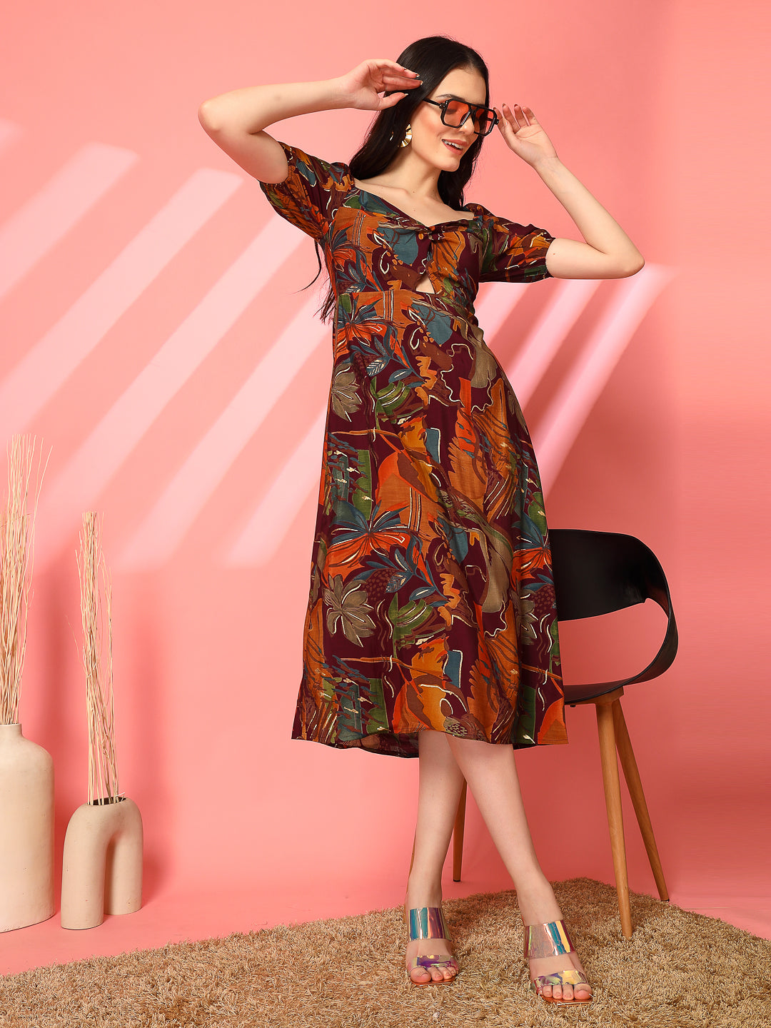 Abstract Print Puff Sleeve Cut-Out Midi Dress