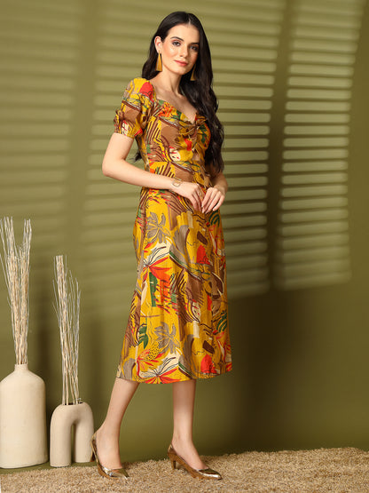 Abstract Print Puff Sleeve Cut-Out Midi Dress