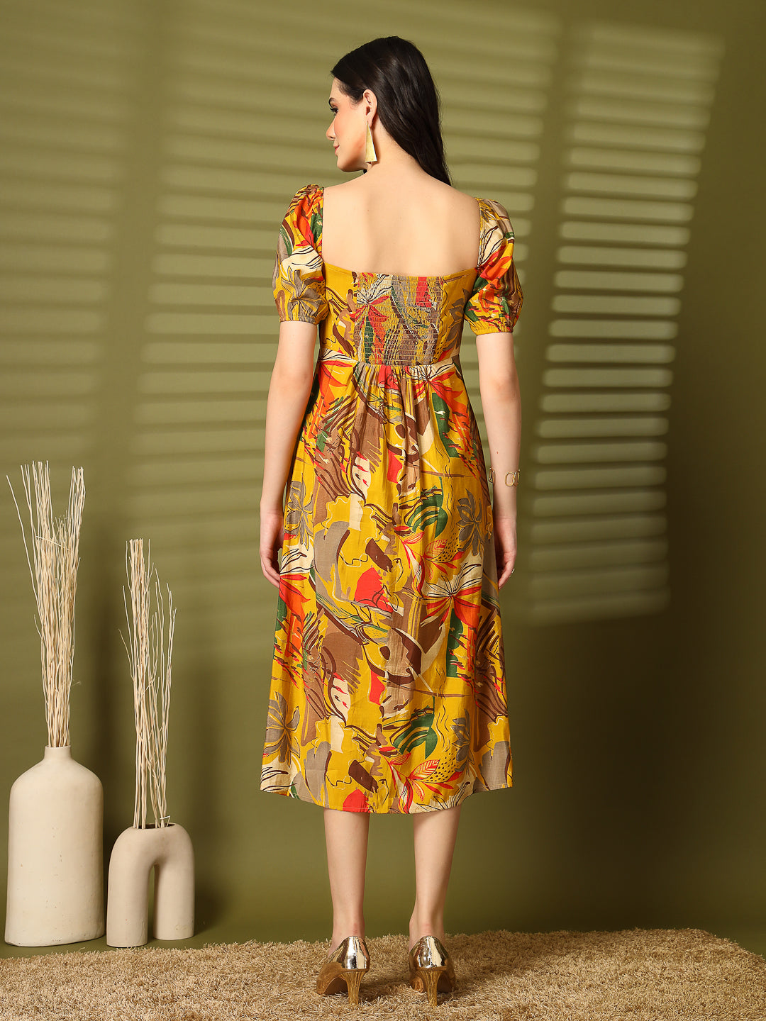 Abstract Print Puff Sleeve Cut-Out Midi Dress