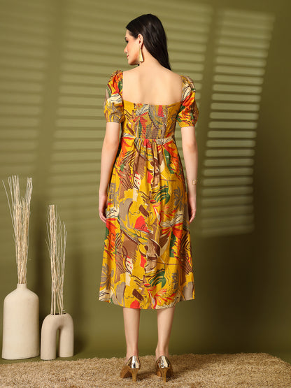 Abstract Print Puff Sleeve Cut-Out Midi Dress