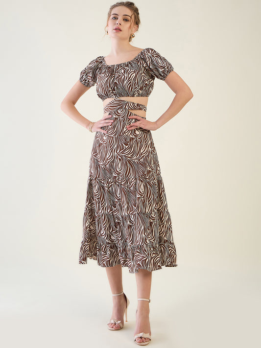 Abstract Print Puff Sleeve Tiered Midi Dress