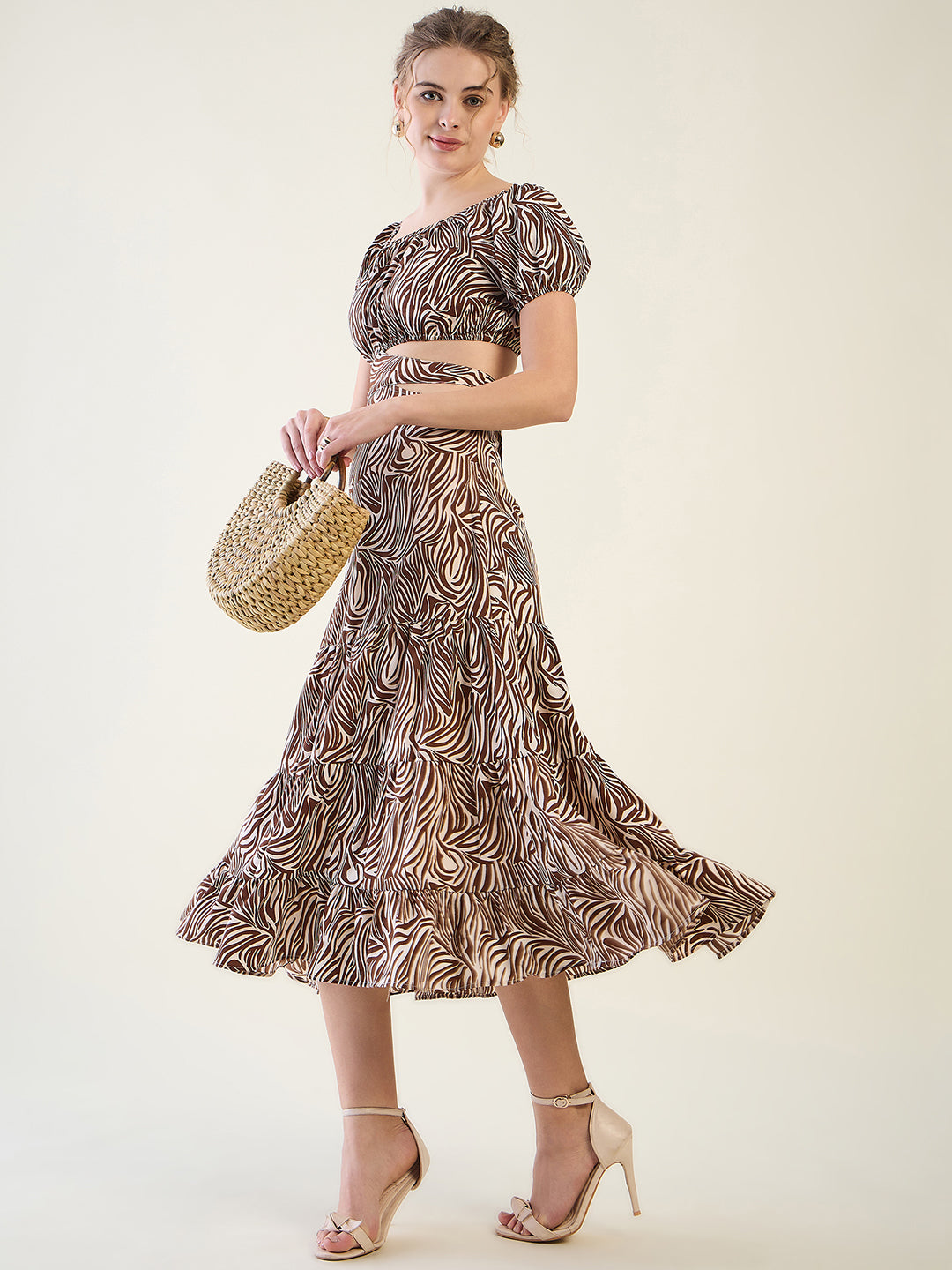 Abstract Print Puff Sleeve Tiered Midi Dress