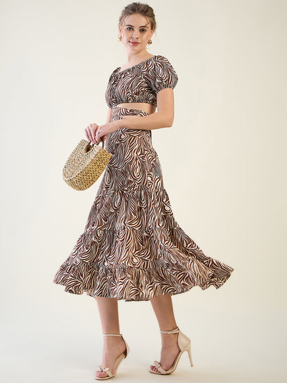 Abstract Print Puff Sleeve Tiered Midi Dress