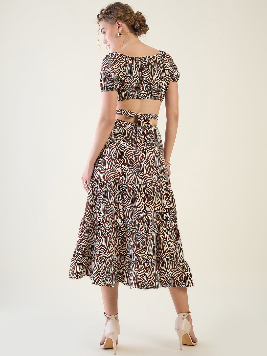Abstract Print Puff Sleeve Tiered Midi Dress