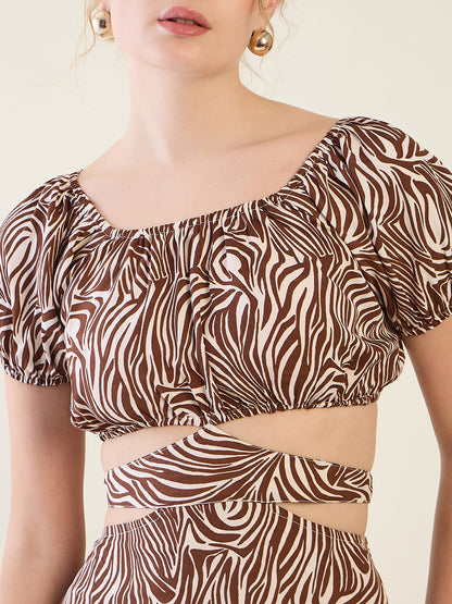 Abstract Print Puff Sleeve Tiered Midi Dress