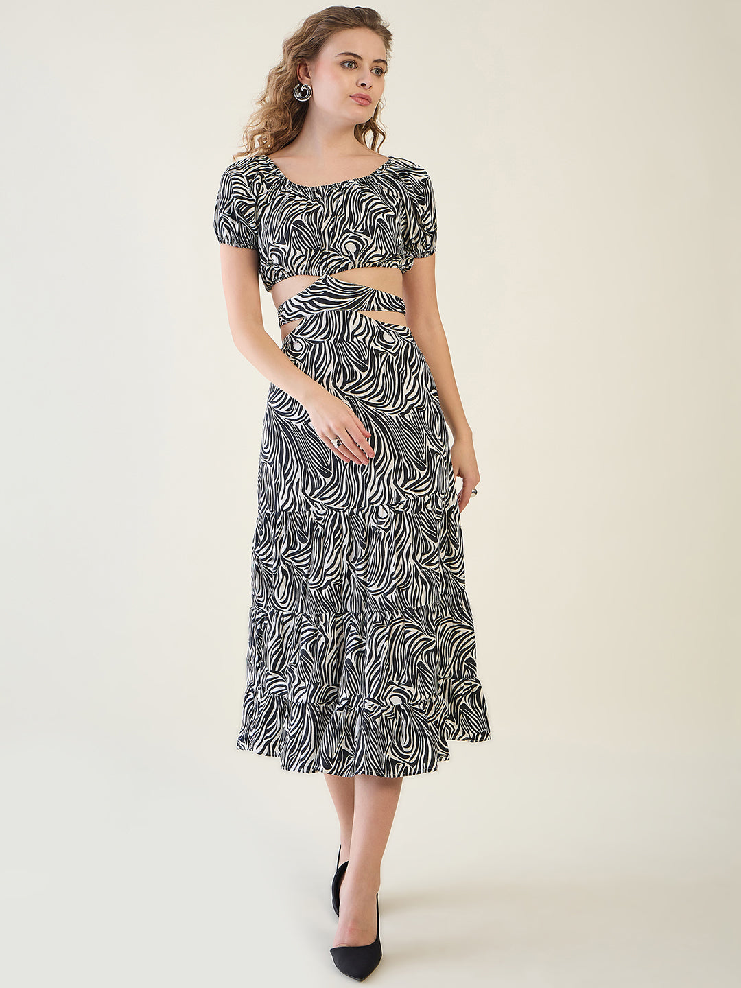 Abstract Print Puff Sleeve Tiered Midi Dress