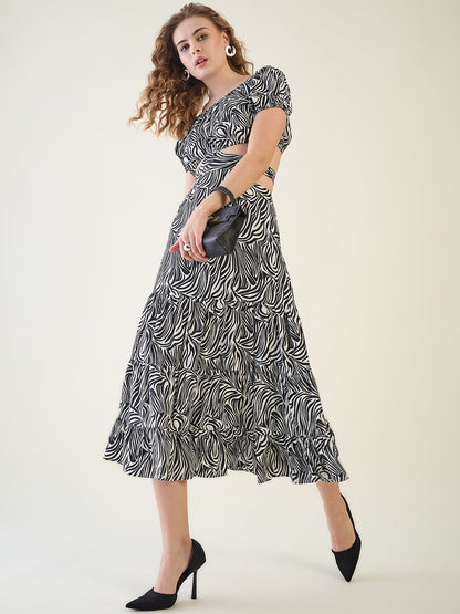 Abstract Print Puff Sleeve Tiered Midi Dress