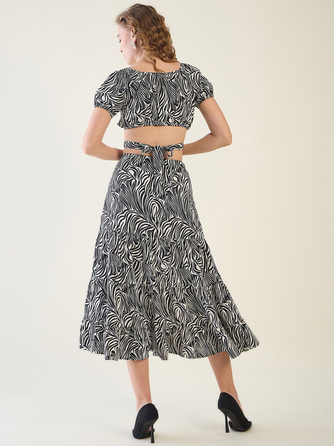 Abstract Print Puff Sleeve Tiered Midi Dress