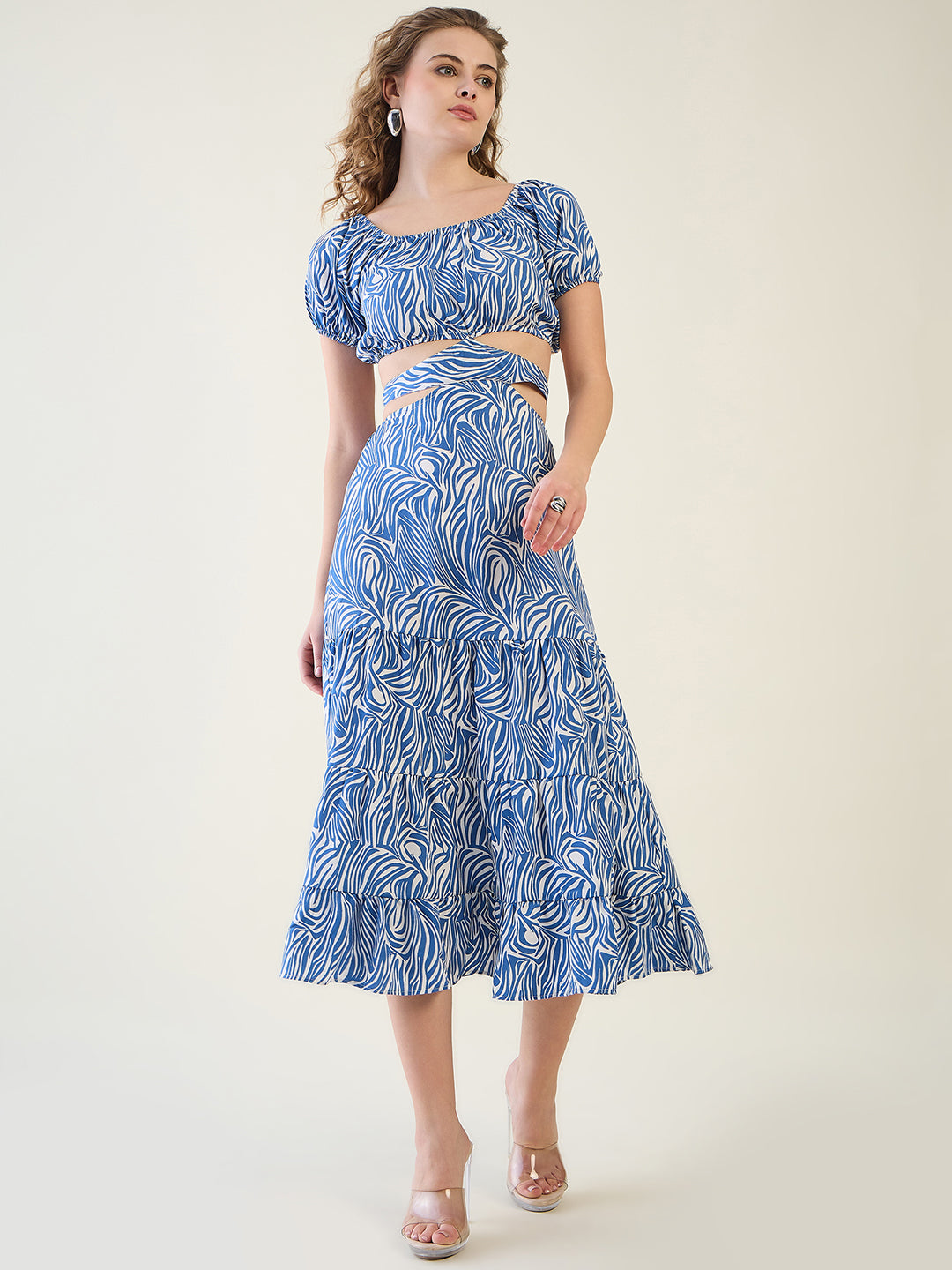 Abstract Print Puff Sleeve Tiered Midi Dress