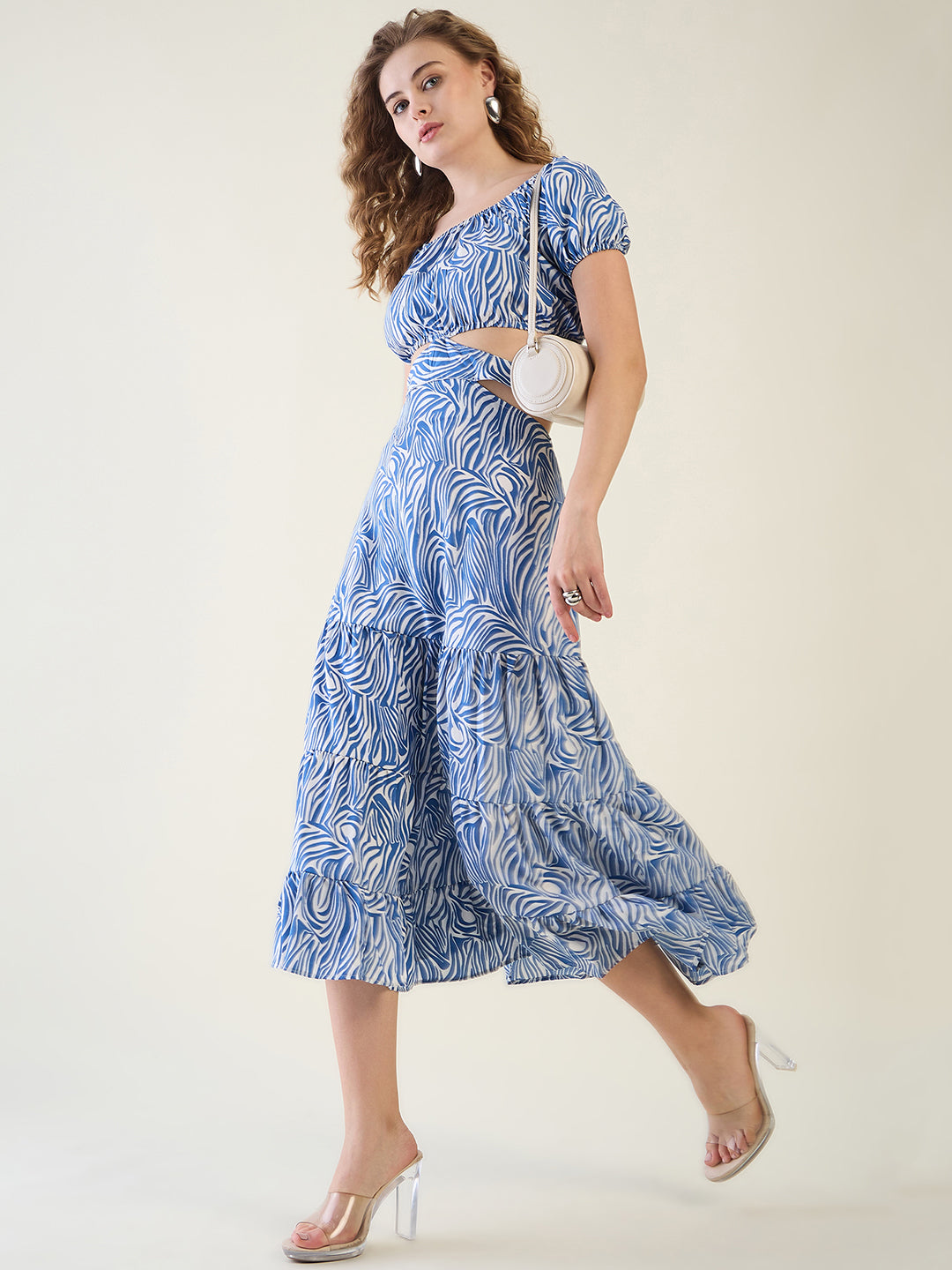 Abstract Print Puff Sleeve Tiered Midi Dress