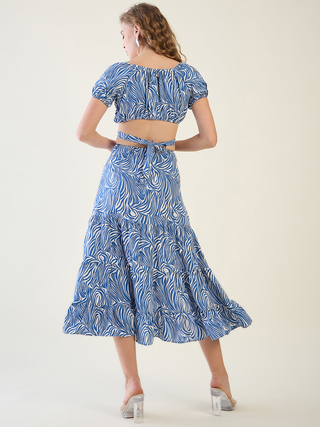 Abstract Print Puff Sleeve Tiered Midi Dress