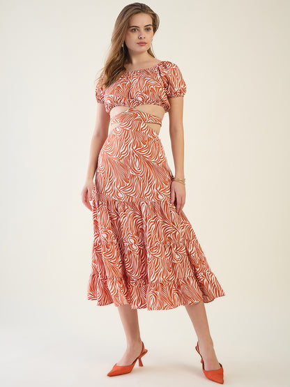Abstract Print Puff Sleeve Tiered Midi Dress