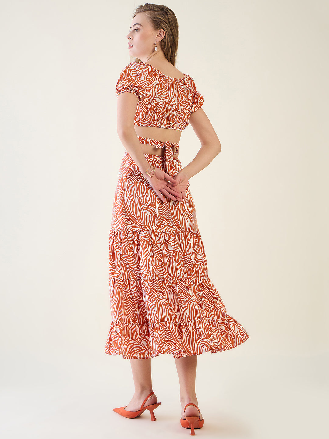 Abstract Print Puff Sleeve Tiered Midi Dress