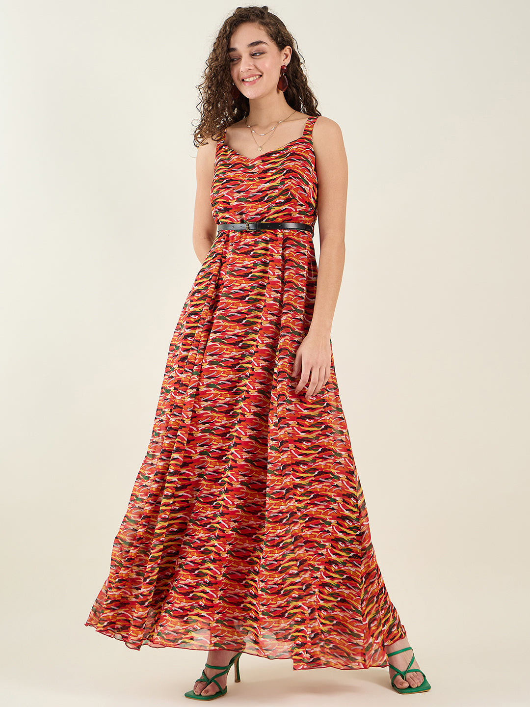 Abstract Print Sleeveless Maxi Dress with Belt