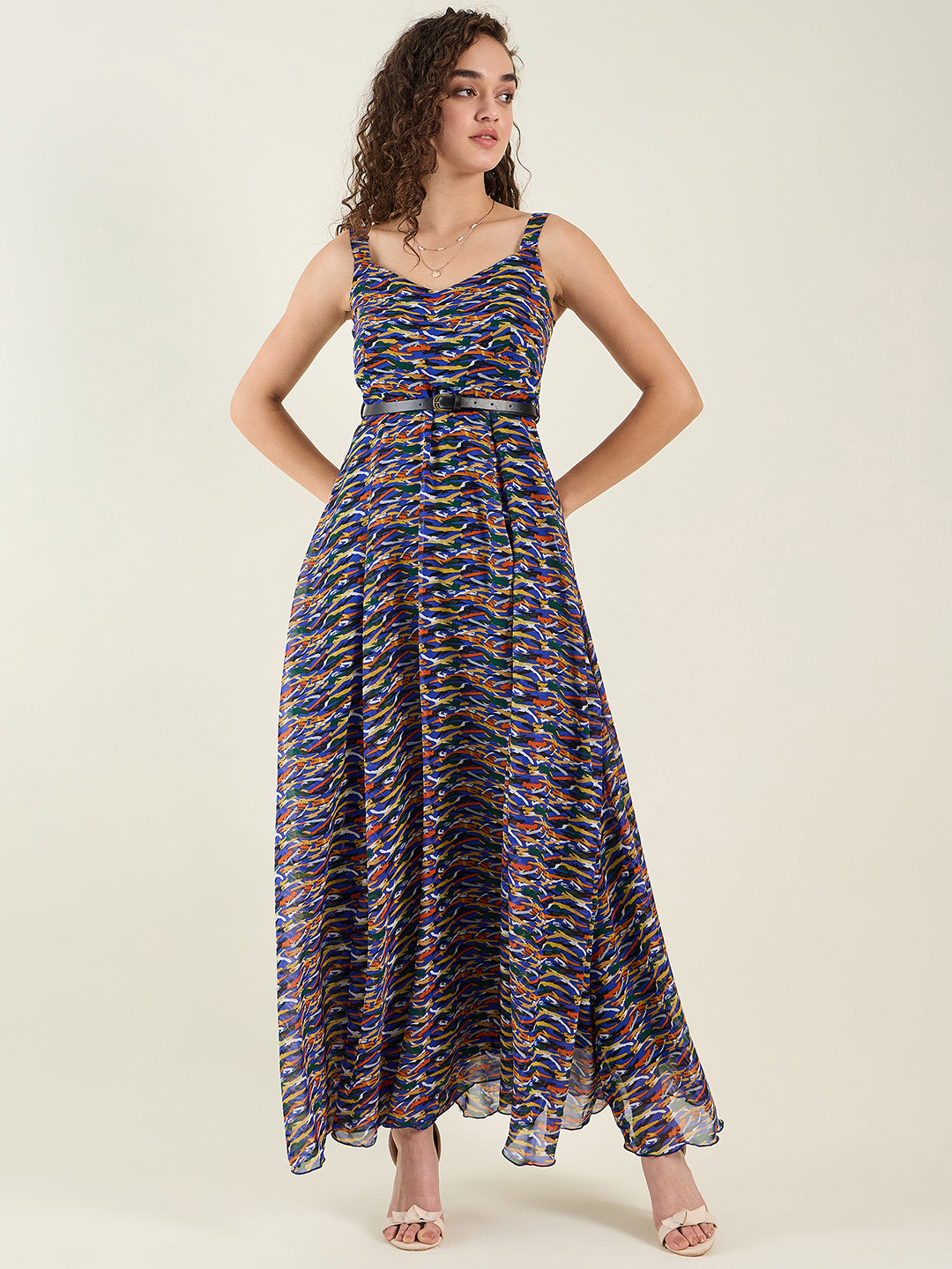 Abstract Print Sleeveless Maxi Dress with Belt